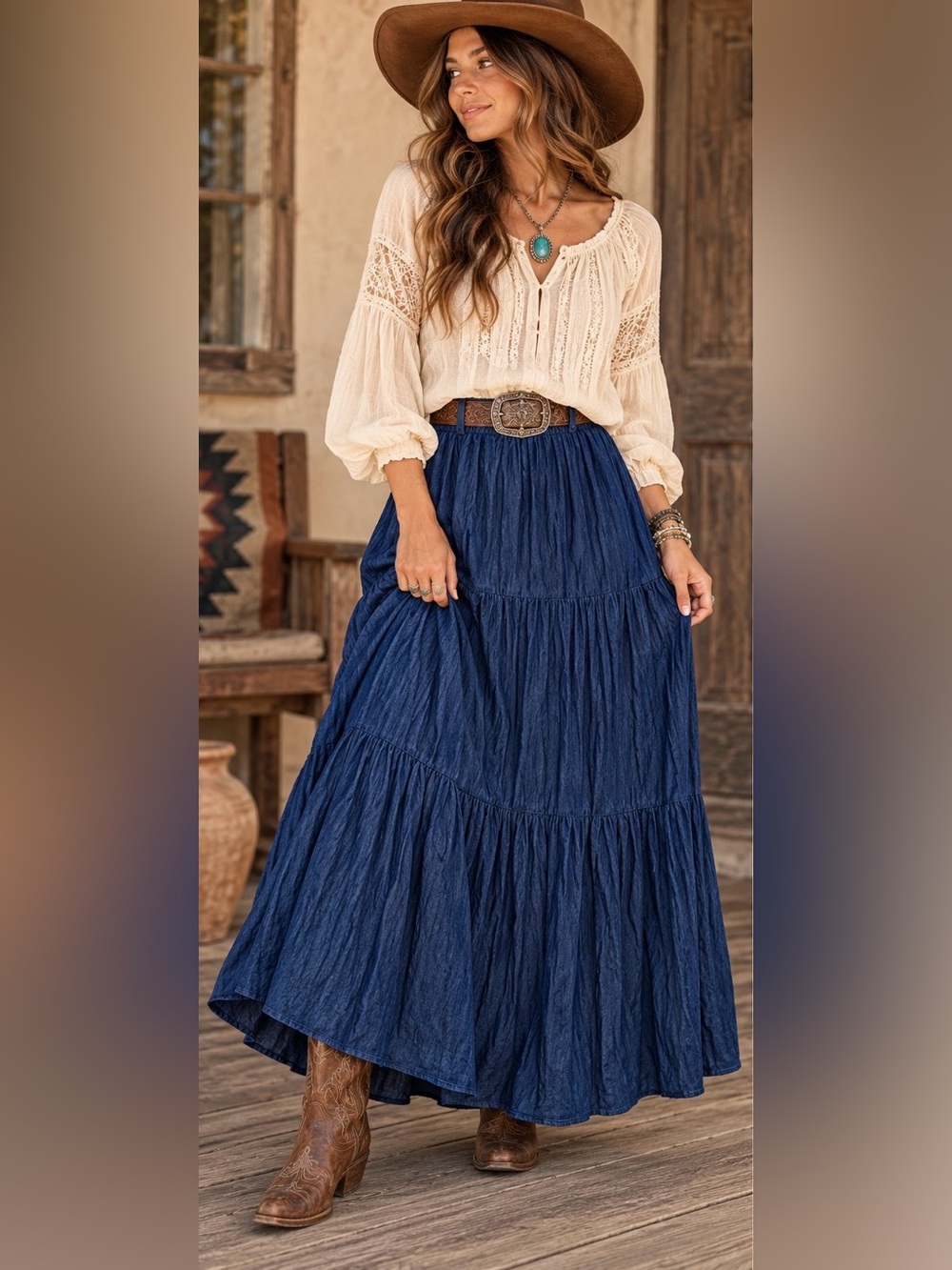 VTG Stokers by Island Cowboy Blue Denim Tiered Broomstick Maxi Skirt O/S Western